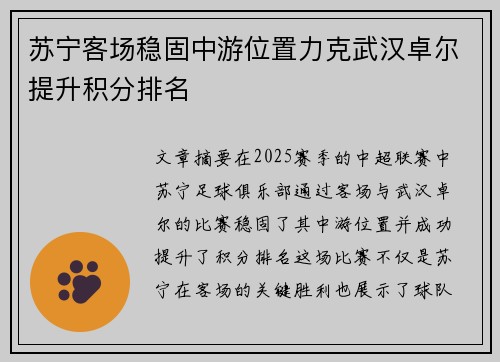 苏宁客场稳固中游位置力克武汉卓尔提升积分排名